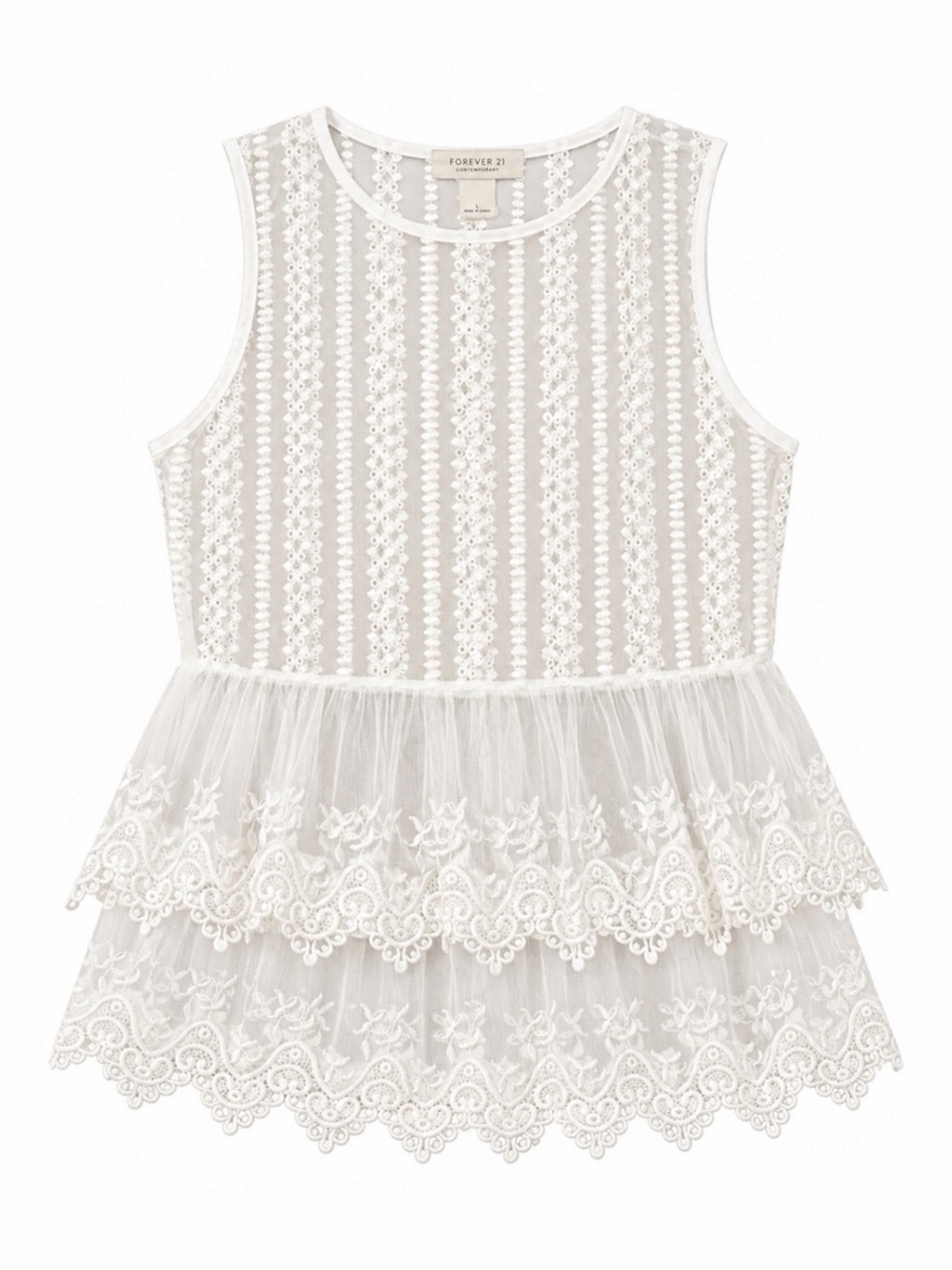 FORVER21 CONTEMPORARY WHITE/IVORY SHEER LACE PEPLUM TOP SZ MEDIUM - NEW, NO TAGS